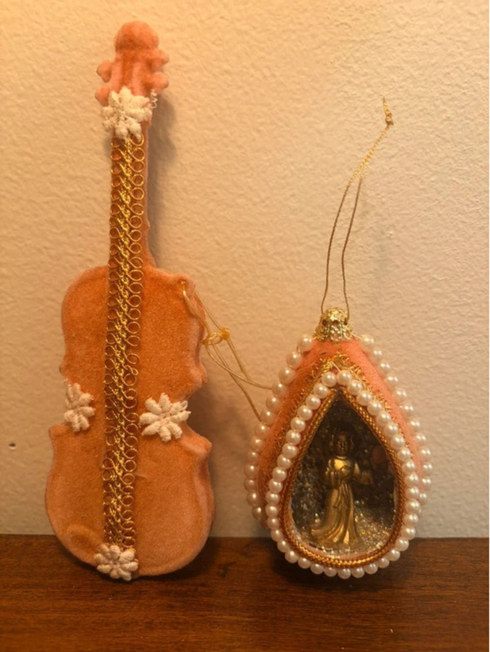 Vintage Pink Velour Christmas Ornaments Set Angel Diorama & Flocked Violin